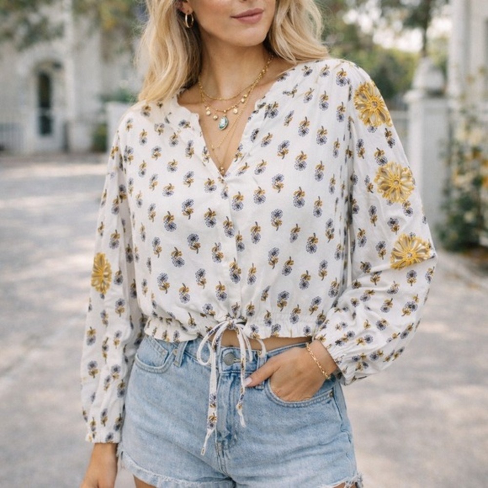 Solitaire Floral Balloon White‎ Sleeve Crop Top Size Medium Boho Cottagecore